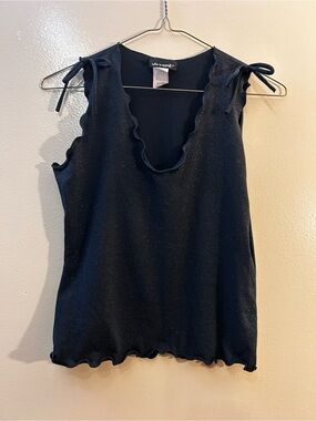 Von Mozart Black Sparkle Tie-Shoulder Ruffle V-Neck Tank